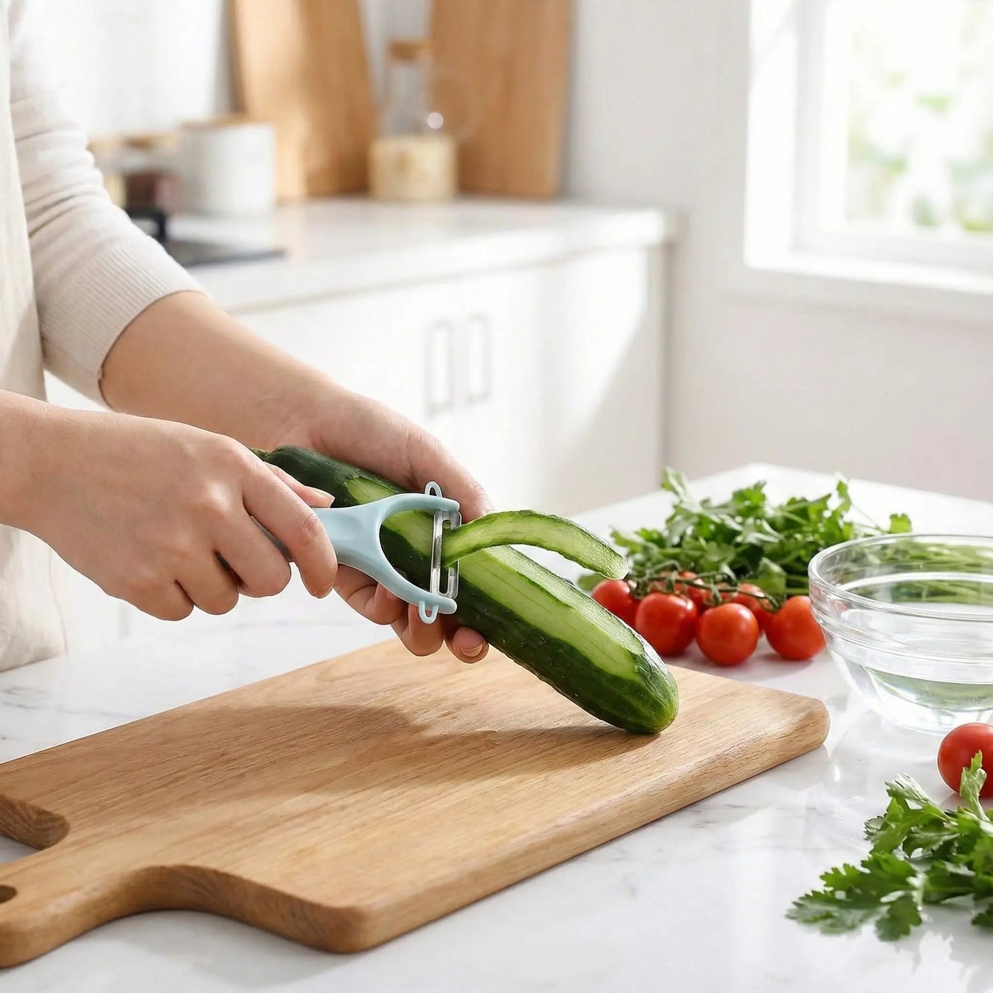 une madame qui utilise un eplucheur pour eplucher un concombre