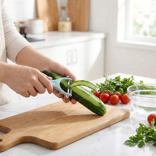une madame qui utilise un eplucheur pour eplucher un concombre