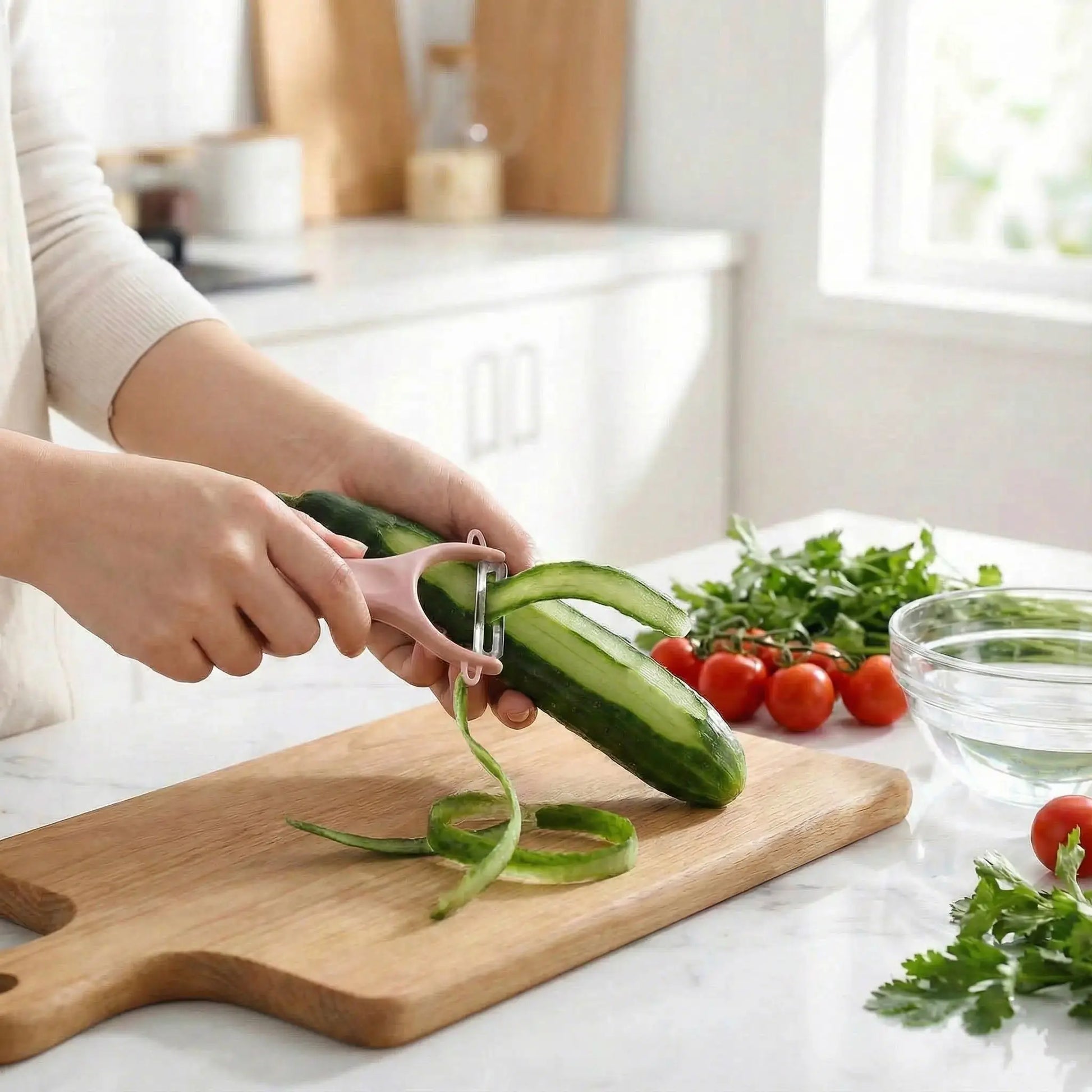 une madame qui utilise un eplucheur pour eplucher un concombre