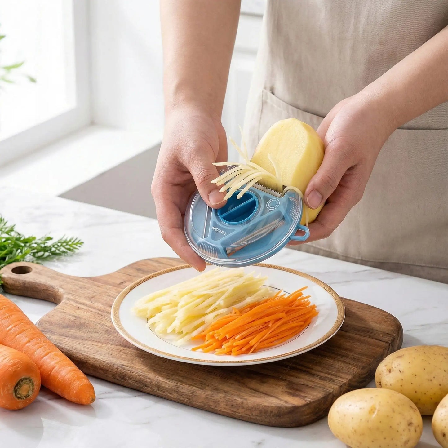 une personne qui utilise un eplucheur bleu pour eplucher une patate en batonnets fins