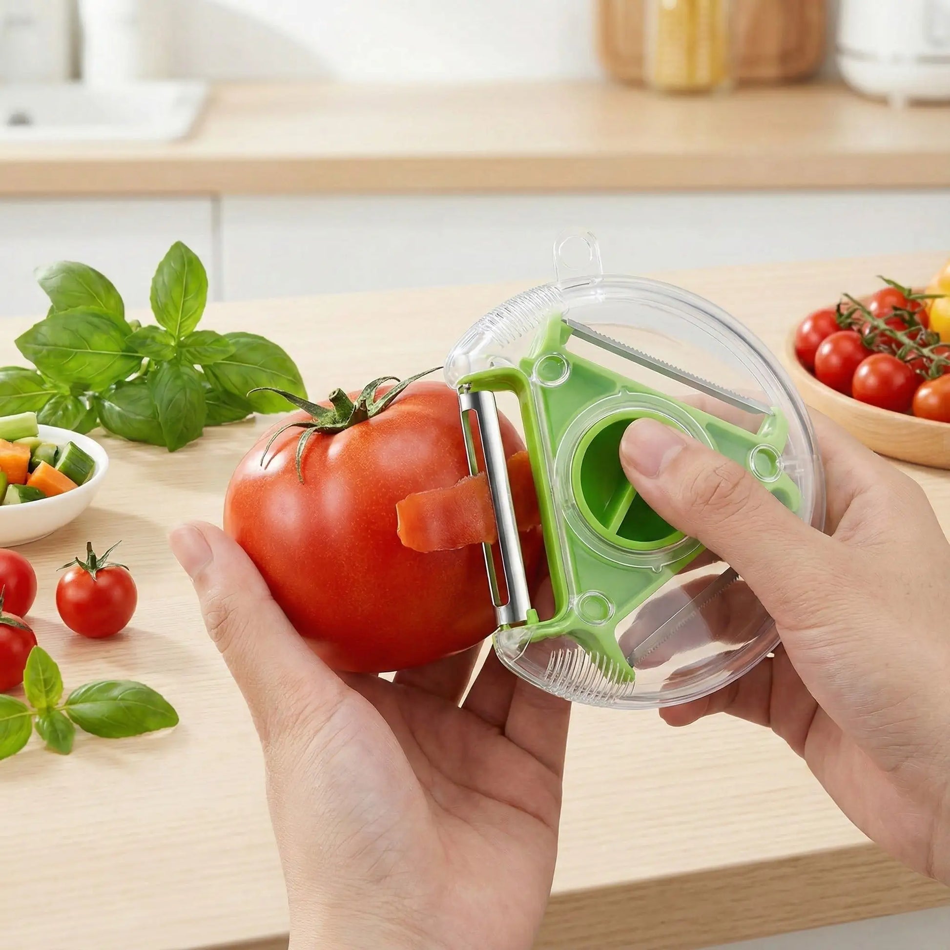 une personne qui utilise un eplucheur vert pour eplucher une tomate